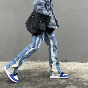 Jeans masculinos 2022 vibe estilo retalhos lavados baggy homens flare jeans calças cor bloco reto solto vintage denim calças pantnes hombre t221102