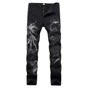 Мужские джинсы 2022 темная уличная одежда печатая черепа при печати панк мужской винтажные брюки джинсов хип -хоп эластичный хлопковой джинсовый брюки для подростков Таннес T221102