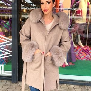 Womens Wool Blends Luxury Oversize Real Cashmere Blend Fur Coat Women Winter Plus Size Hooded Cardigan Jacket With Natural Collar 221113