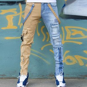 Dżinsy męskie dżinsy 2021 High Street proste kombinezon męski hip-hop żółty niebieski dżinsowe spodnie mody T221102