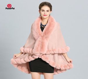 Mode double couche poign￩e artisan fox cape ch￢le long en tricot en cachemire poncho manteau enveloppe fausse fourrure pashmina Cloak femmes hiver new J19862649