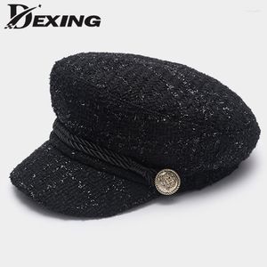 Bollkapslar kvinnor hat mode guld tråd tweed baseball cap damer militär cool sjöman vintage student basker