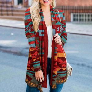 Women's Trench Coats Woman Cardigan Fall Winter Clothes Western Ethnic Print Aztec Geometric Knitwear Vintage Sweater Female Outerwear Tops