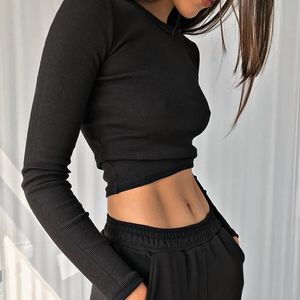 O Collo Camicia a maniche lunghe Serbatoi Donna A costine Sexy Top corto 2022 Primavera Nero Casual Skinny Slim Basic Donna Canotte