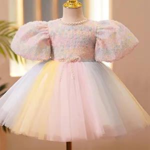 Pink Ball Gown Girls Pageant Dresses Flowers Beaded Princess Colorful Flower Girl Dress Paljett Satin Appliqued First Communion Gowns 403