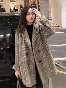 Cappotto di lana scozzese allentato da donna in misto lana per le donne Moda risvolto giacche slim coreano autunno abbigliamento donna 221114
