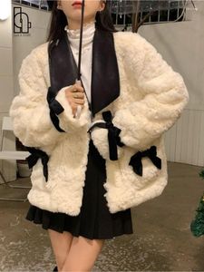 Women's Fur Luck A White Kawaii Faux Cropped Coat Women Korean Bow Lapel Cotton Jacket Winter Thick Elegant Fleece Outerwear