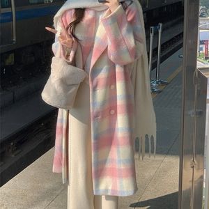 Misto lana da donna Inverno Arcobaleno Cappotto di lana Donna Casual Plaid Cappotti lunghi Office Lady Y2k Abbigliamento Moda coreana Trench 221113