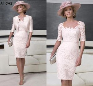 Light Pink Lace Mother of The Bride Dresses With Satin Cape Jacket Half Long Sleeves Sheer Neck Women Formal Party Gowns Knee Length Short Sheath Prom Dress CL1446