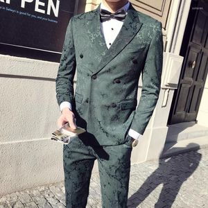 Męskie garnitury Kwiatowy wzór Jacquard Suit Men 2022 Slim Fit 3 sztuki męskie podwójnie piersi czarny zielony zielony impreza Prom Wedding Q534