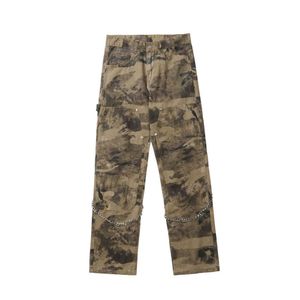 Jeans masculinos 2021 decoração de corrente ao ar livre camuflagem reta homens carga jeans calças casuais soltas calças táticas militares pantni uomo t221102