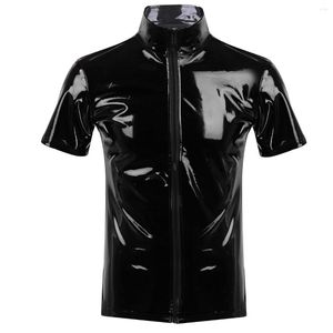 Men's T Shirts Black Mens Womens Metallic Novelty Hipster T-shirt PVC Leather Stand Collar Short Sleeves Front Zip Up Tops Clubwear Costumes