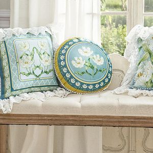 Pillow French American Blue-green Pillowcase Pastoral Style Living Room Sofa Bedside Lace Pearl Light Luxury