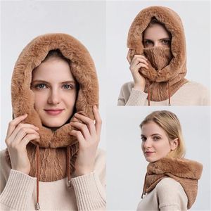 Winter Hat For Womens Hooded Face Mask Fluff Keep Warm Thicken Style Neck Scarf Beanie Knitted Cashmere Neck Warmer GC1798