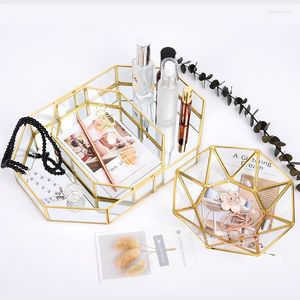 Storage Boxes Cosmetics Jewelry Tray Dressing Table Desktop Golden Glass Geometric Ornaments