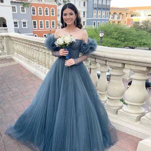 Dusty Blue Prom Dresses Off the Shoulder Pleat Skirt Party Gown Bead Cuff Females Formal Dress for Special Occassion