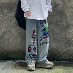 Męskie dżinsy modne zupełnie nowe hip hop graffiti street prosta rurka szeroka noga tata luźne dżinsy dla mężczyzn i kobiet Hiphop T221102