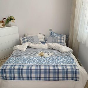 Set di biancheria da letto Copripiumino patchwork blu bianco grigio Copripiumino in cotone lavato Set morbido con lacci con cerniera Fodere per cuscini