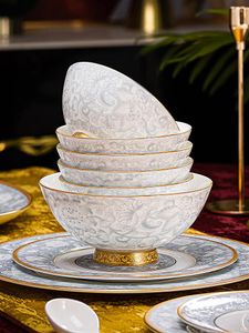 Bowls Emamel Table Seary Set av rätter och hushållskinesiska Bone China Jingdezhen Luxury Golden Edge High-End Bowl-maträtt
