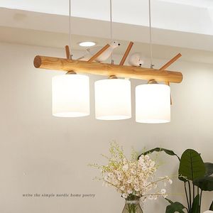 Chandeliers IWP Nordic Minimalist Solid Wood Chandelier Kitchen Dining Room Hanging Light Indoor Decorative Branche And Birds Led