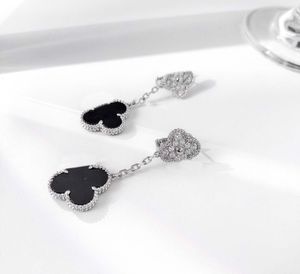 Luxury quality charm clip Drop earring with diamond and nature black agate stone dangle two flowers design have box stamp PS4375A