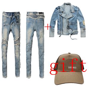 Black ripped jeans for men women jean with jacket & gift a hat European and American jeans casual jackets Luxury Slim Denim Straight Biker Skinny pant size 29-38 white