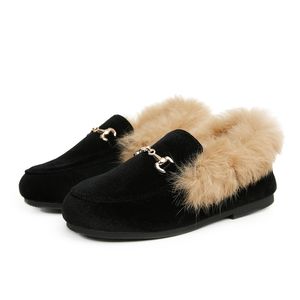 Sneakers Kids Fur Shoes Children Velvet Baby Girls Warm Flats Toddler Black Brand Princess Loafer Chain Moccasin For Winter 221113