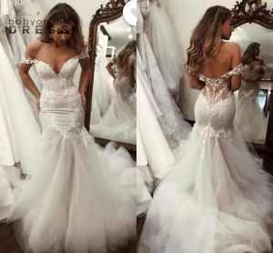 Wunderschöne Spitzen-Meerjungfrau-Hochzeitskleider Sexy 2022 Schulterfrei, rückenfrei, appliziert, gerafft, lang, Tüll, Braut-Hochzeitskleider BC4384