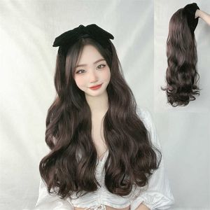 Women's Hair Wigs Lace Synthetic Big Wave Long Black Bowknot Band Wig Net Red Style Simulated Curly Hair Half Cap