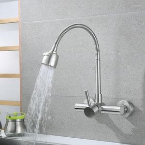 Kitchen Faucets Stainless Steel Brushed Wall Mounted Faucet Cold Mixers Sink Tap Degree Swivel Flexible Hose