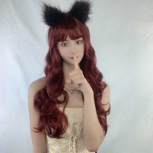 Women's Hair Wigs Lace Synthetic Shake Tone Wig Long Curly Wine Red Big Wave Chemical Fiber Headgear Female Tuanfeng Jk False Hair