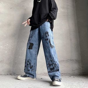 Jeans da uomo 2021 Giappone Cartoon Anime Girl Graffiti Harajuku Uomini Jeans larghi Pantaloni Y2K Donne dritte Pantaloni larghi in denim vintage Oversize T221102