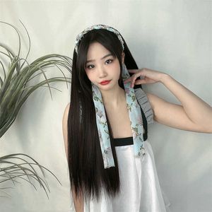 Women's Hair Wigs Lace Synthetic Live Broadcast with Wig's Straight Pearl Streamer Headband Integrated Half Head Set Net Red Same Long Hair