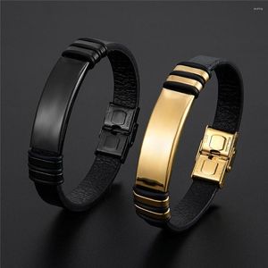 Link Bracelets Fashion Brand Bracelet Stainless Steel Men's Black Charm Leather Wristband Simple Jewelry Wholesale