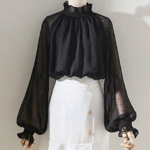 Женские блузки все совпадают с черной в горошек. Колонная шифоновая рубашка для блузки осень 2022 года оборки шеи фонарь