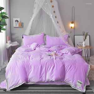 Defina a cama de cama Fringe Solid Color Fringe macio capa de cama de cama de linho Tesouro Cabelo 4 peças 2022 Princess Set Girl Girt Gift