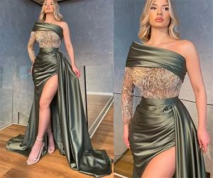 Ebi Aso Arabic Plus Size Mermaid Beaded Lace Evening Dresses One Shoulder High Split Prom Formal Party Second Reception Gowns