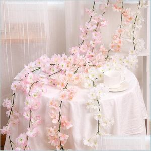 Flores decorativas grinaldas 1 8m Sakura Rattan Flower Simation Vine Festive Wedding Arch Decoração Artificial Blossom Flowers Brid Dhts4