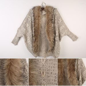 Giacche da donna Moda Donna Cardigan invernale Poncho spesso Mantelle Pull Autunno collo in pelliccia lavorato a maglia Giacca in maglione di lana Cappotto con maniche a pipistrello