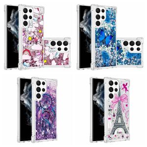 Tower Quicksand stoßfeste Hüllen für Samsung S23 Ultra S22 Plus A14 5G A23 4G A13 A73 A33 A53 A13 S21 weiche TPU Blume Eiffel Schmetterling Bling flüssige Glitzer-Telefonabdeckungen