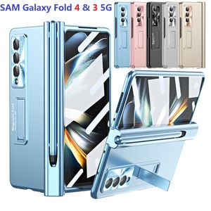 Hinge Magnetic Cases For Samsung Galaxy Z Fold 4 Fold 3 5G Case Pen Holder Plating Stand Protective Film Cover