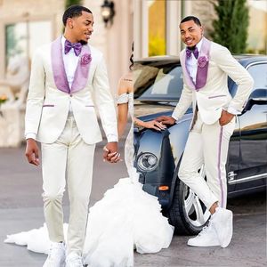 Color Matching Mens Wedding Tuxedos White Purple Men Trousers Suits Handsome Prom Party Formal Outfit Jacket And Pants