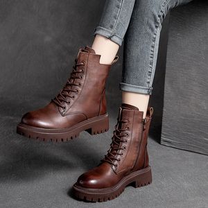 Boots Genuine Leather Shoes Women Boots Zip Round Toe Flat With Handmade Concise Leisure Sewing Platform Boots 221114
