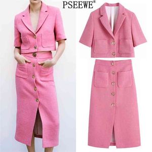 Women Sets Tweed Short Sleeve Cropped Blazer Woman Button Long Skirts Fashion And Skirt Set Women's Office Suit 210519