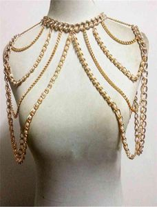 CHRAN Fashion Women Sexy Gold Color Body Necklace Chain Charm Multi Layer Faux Pearl Shoulder Slave Belly Belt Harness Jewelry4405950