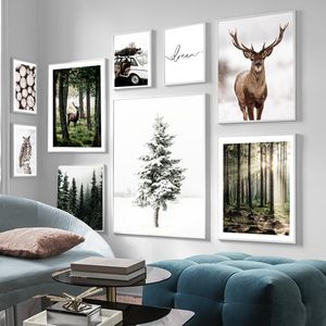 Resimler kış kar orman geyiği baykuş güneş ışığı manzara resim nordic sabah manzarası ev dekor tuval poster sanat baskısı duvar resimleri 221021