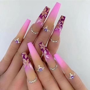 Unhas postiças 24 pçs/caixa bailarina roxo gradiente com flor design caixão remendos de unhas falsas pressione em pontas de strass