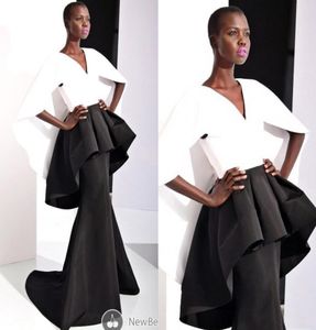 Moda Siyah ve Beyaz Kadınlar Resmi Gece Elbise Denizkızı Satin Kapağı Kollu Peplum V Neck 2019 Bayan ABD Pageant Ünlü Elbisesi 8582471