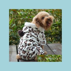 Abbigliamento per cani Morbido abbigliamento per cani da compagnia Tuta per cucciolo di gatto Inverno caldo pile Stampa leopardata Costume Cappotto Felpe con cappuccio Consegna a casa Gar Dhm9W