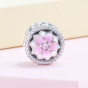 Pink Magnolia Flower Charm med originalbox för Pandora Sterling Silver Armband Bangle Women Girls Jewely Making Accessories Charms Set Factory Wholesale